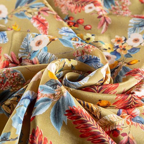 Крепдешин натуральный К27-164 золотисто-оливковый принтованный