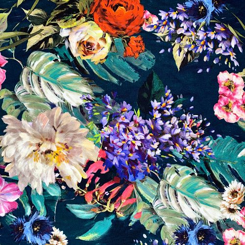 Креп-шифон натуральный К32-230 сине-зеленый принтованный