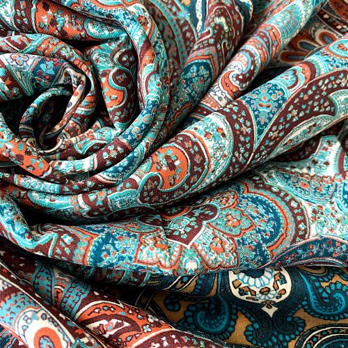 Шелк натуральный К32-242 бирюзово-коричневый принтованный