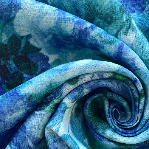 Лен натуральный К36-083 молочно-голубой принтованный