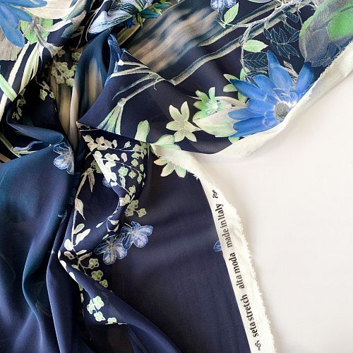 Креп-шифон натуральный К32-375 темно-синий принтованный